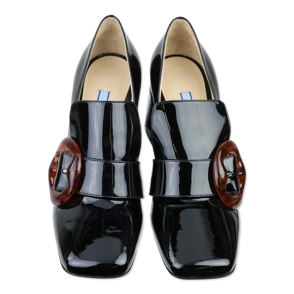 Prada Black Patent Leather Amber Buckle Loafer Pump