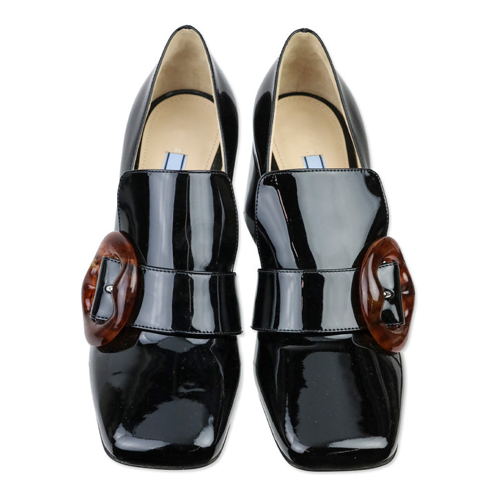 Prada Black Patent Leather Amber Buckle Loafer Pump