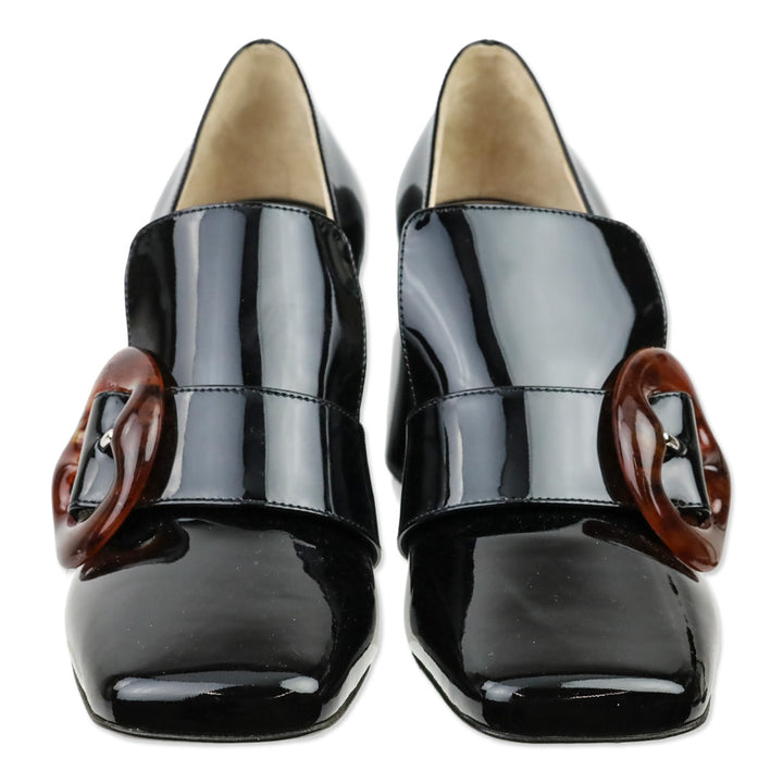 Prada Black Patent Leather Amber Buckle Loafer Pump