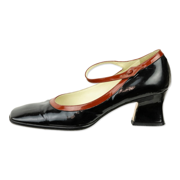 Prada Black Patent Leather Brown Trim Mary Jane Pump