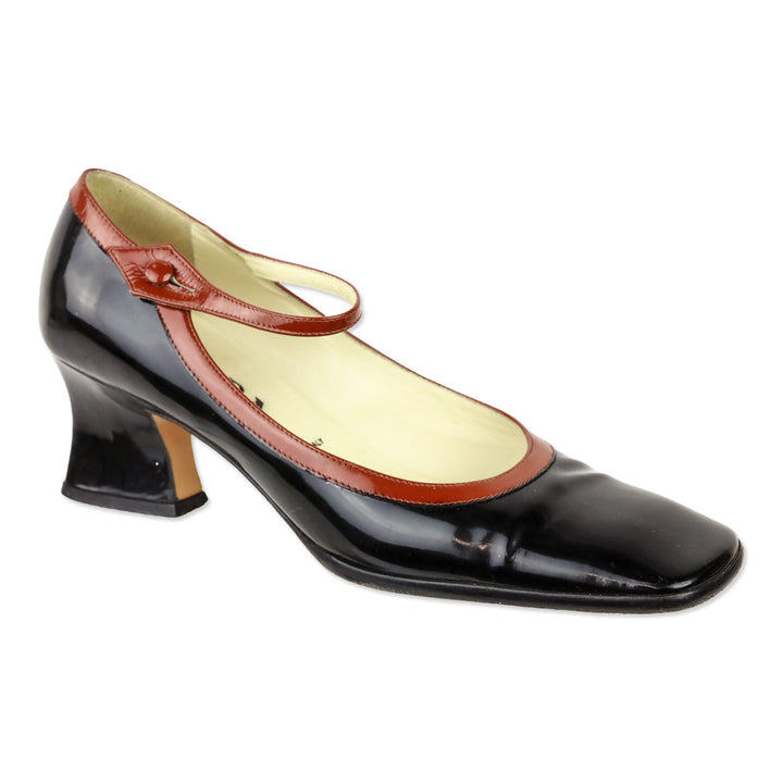 Prada Black Patent Leather Brown Trim Mary Jane Pump