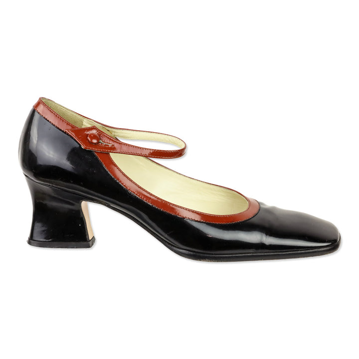 Prada Black Patent Leather Brown Trim Mary Jane Pump
