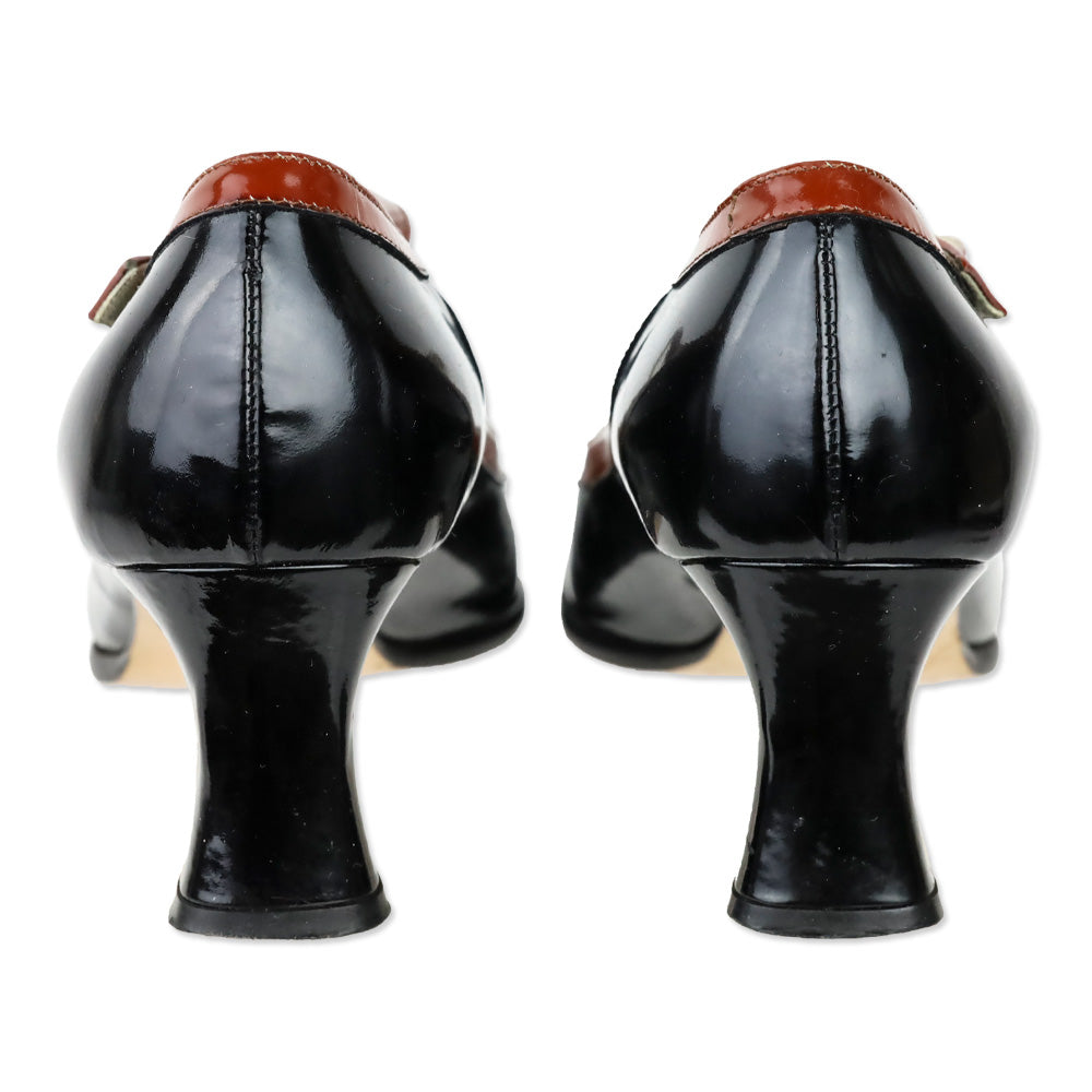 Prada Black Patent Leather Brown Trim Mary Jane Pump