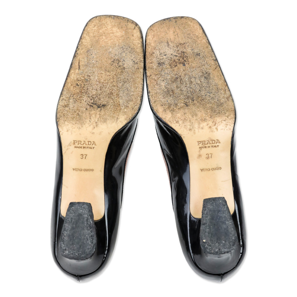 Prada Black Patent Leather Brown Trim Mary Jane Pump