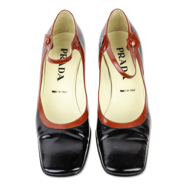 Prada Black Patent Leather Brown Trim Mary Jane Pump