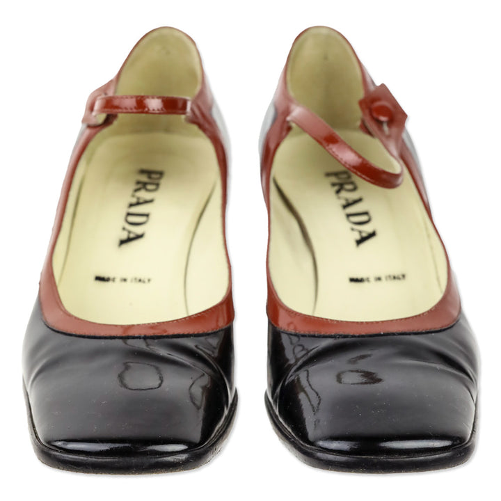 Prada Black Patent Leather Brown Trim Mary Jane Pump