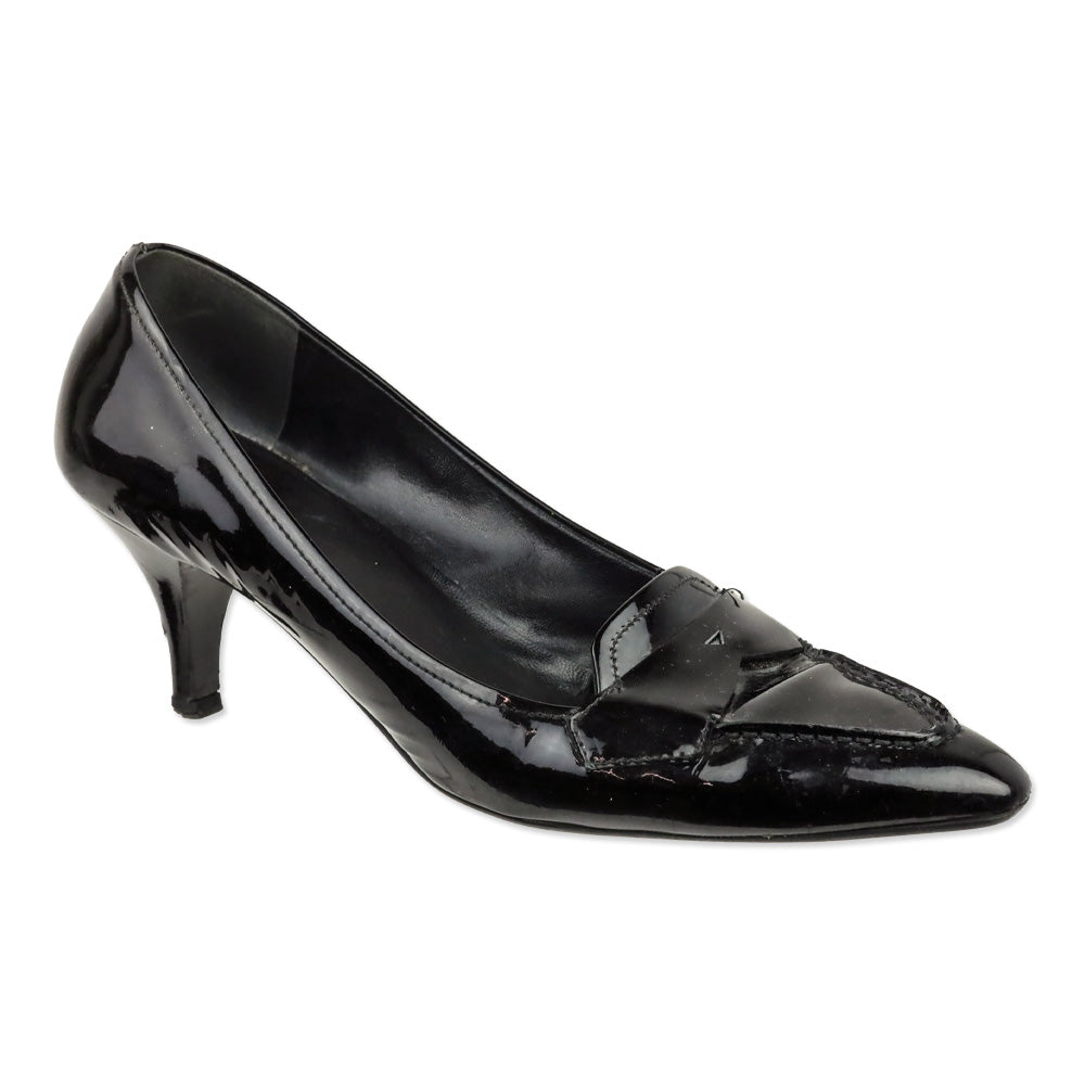 Prada Black Patent Leather Loafer Kitten Heels