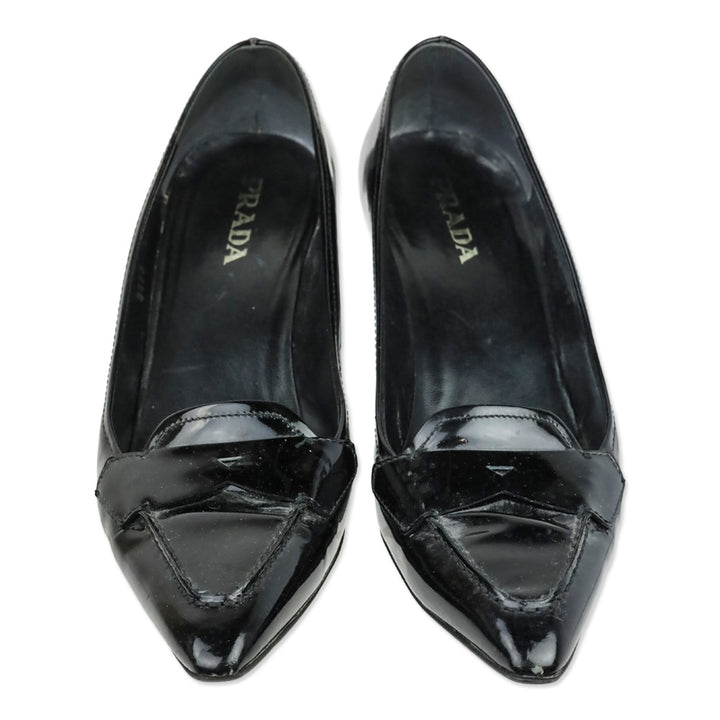 Prada Black Patent Leather Loafer Kitten Heels