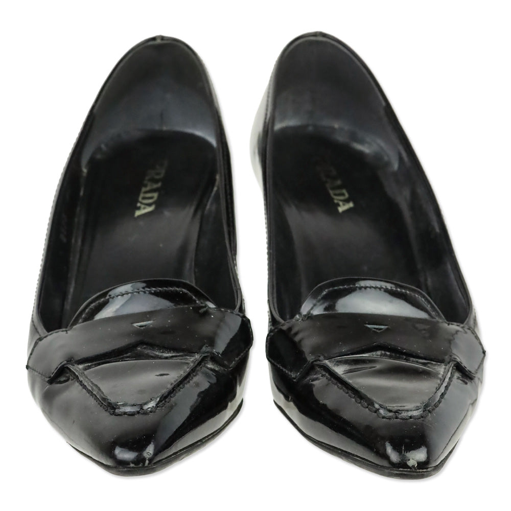 Prada Black Patent Leather Loafer Kitten Heels