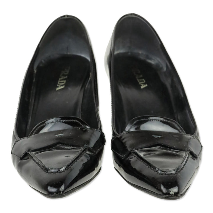 Prada Black Patent Leather Loafer Kitten Heels