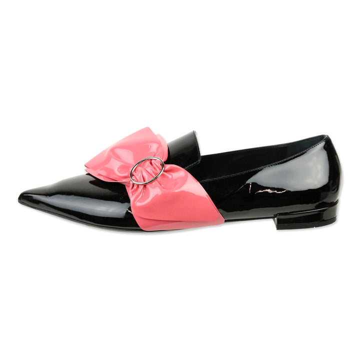 Prada Black Patent Pink Bow Pointed Loafers