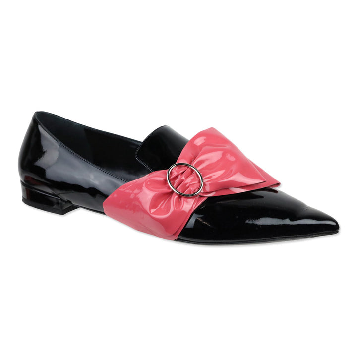 Prada Black Patent Pink Bow Pointed Loafers