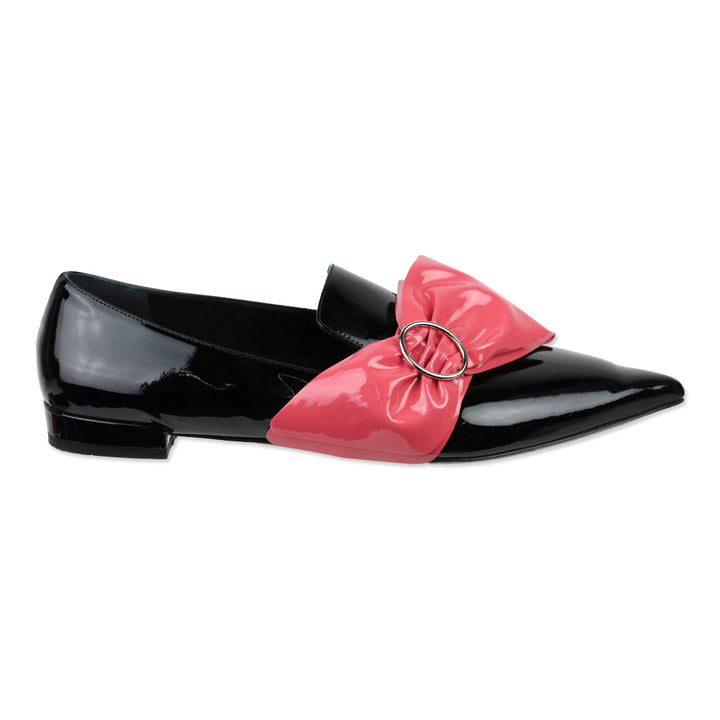 Prada Black Patent Pink Bow Pointed Loafers