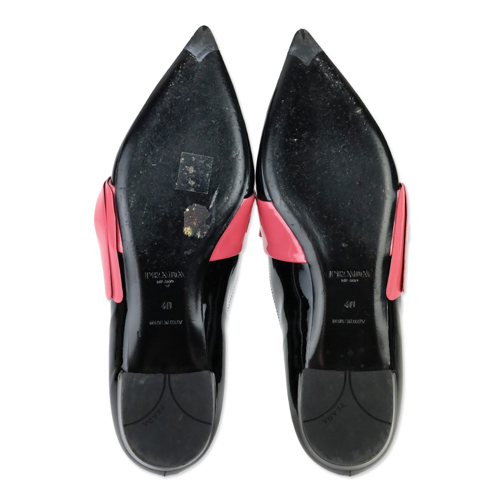Prada Black Patent Pink Bow Pointed Loafers