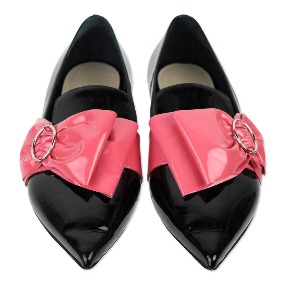 Prada Black Patent Pink Bow Pointed Loafers