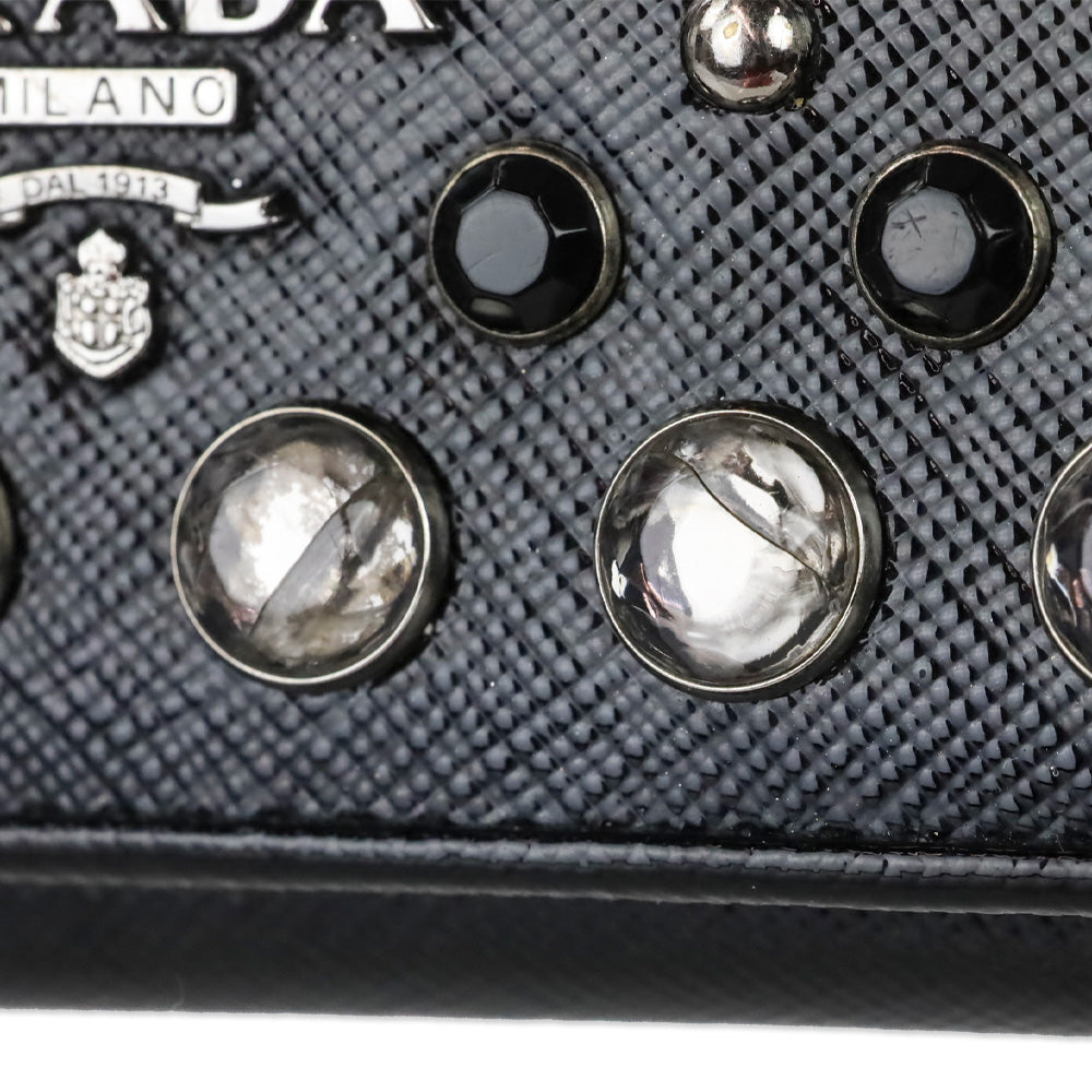 Prada Black Patent Saffiano Leather Crystal Studded Long Bifold Wallet