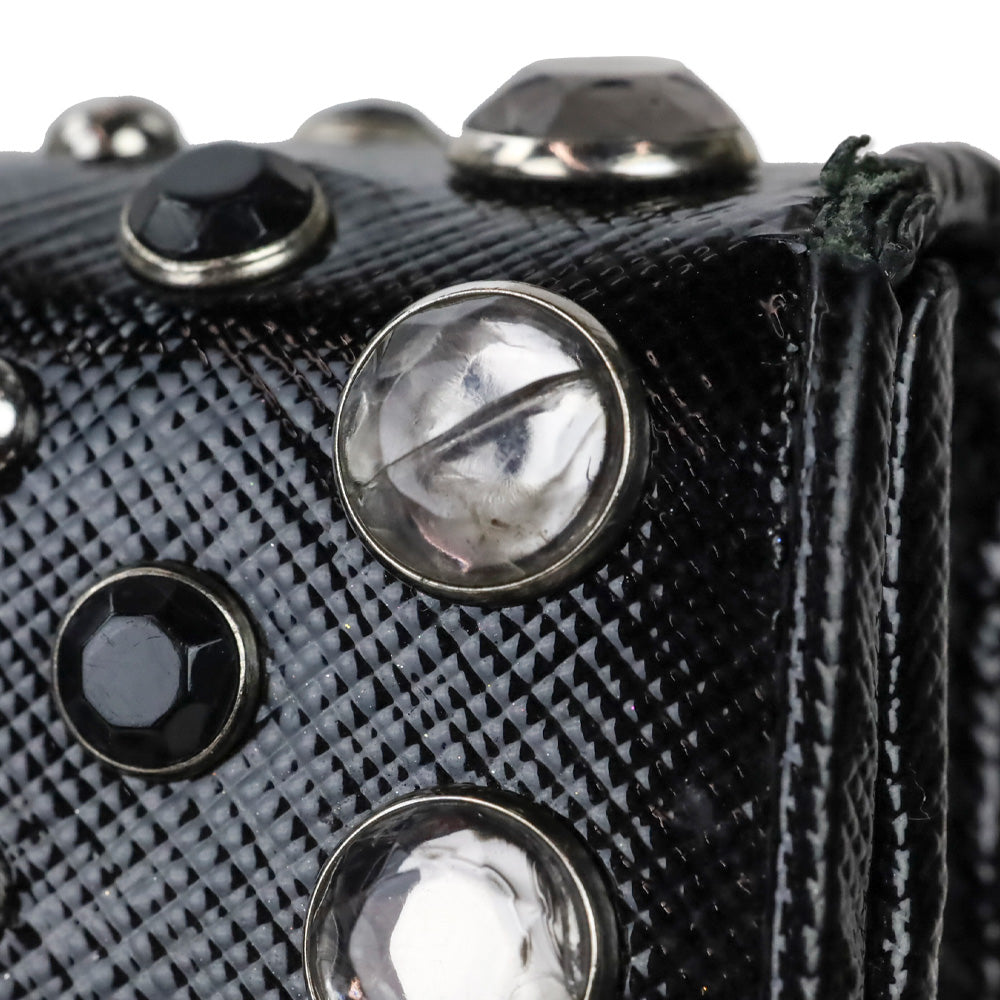 Prada Black Patent Saffiano Leather Crystal Studded Long Bifold Wallet