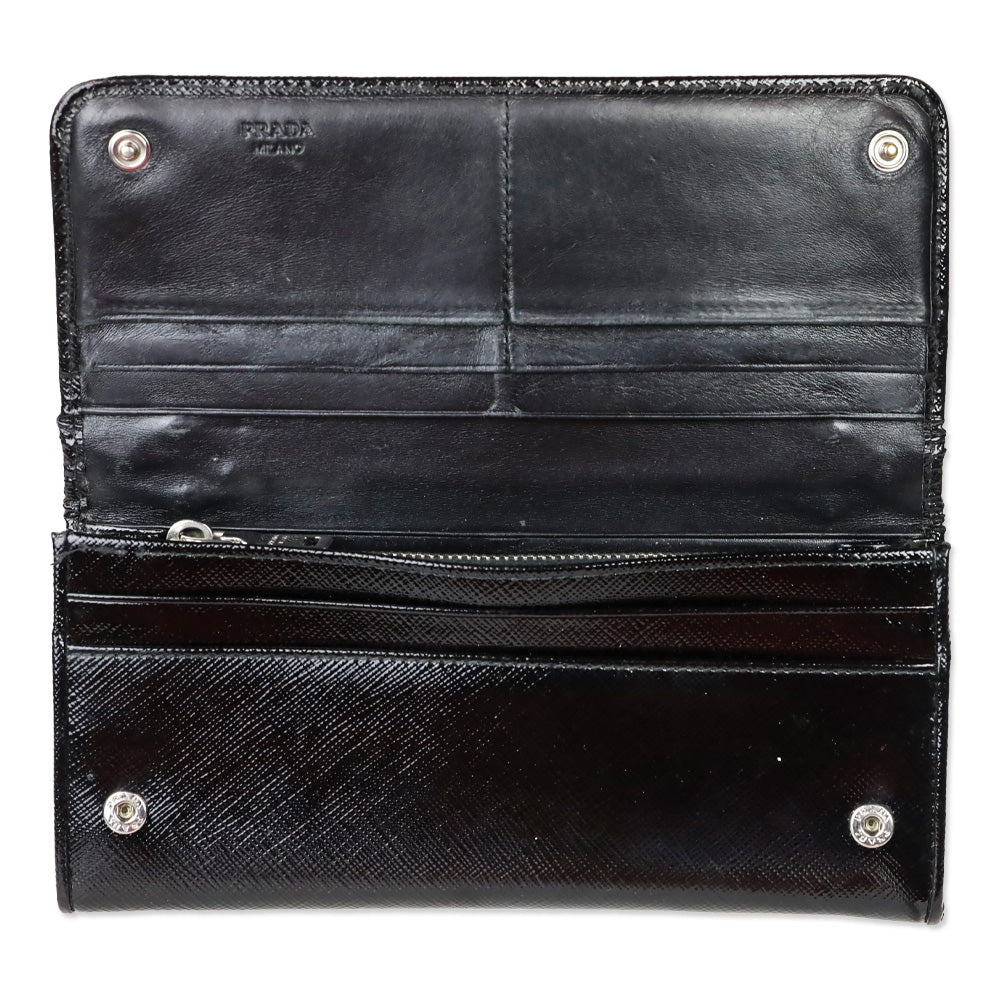 Prada Black Patent Saffiano Leather Crystal Studded Long Bifold Wallet