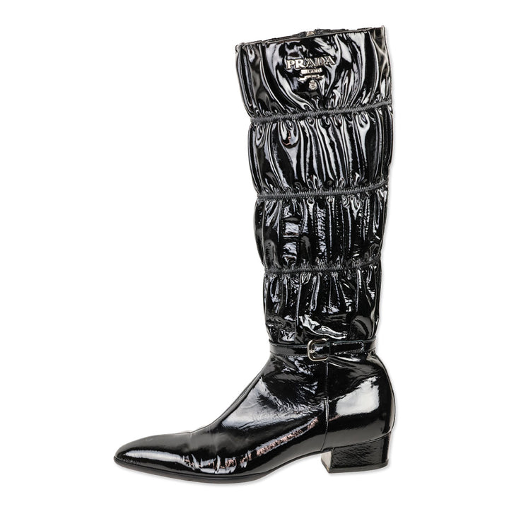 Prada Black Ruched Patent Leather Knee High Boots