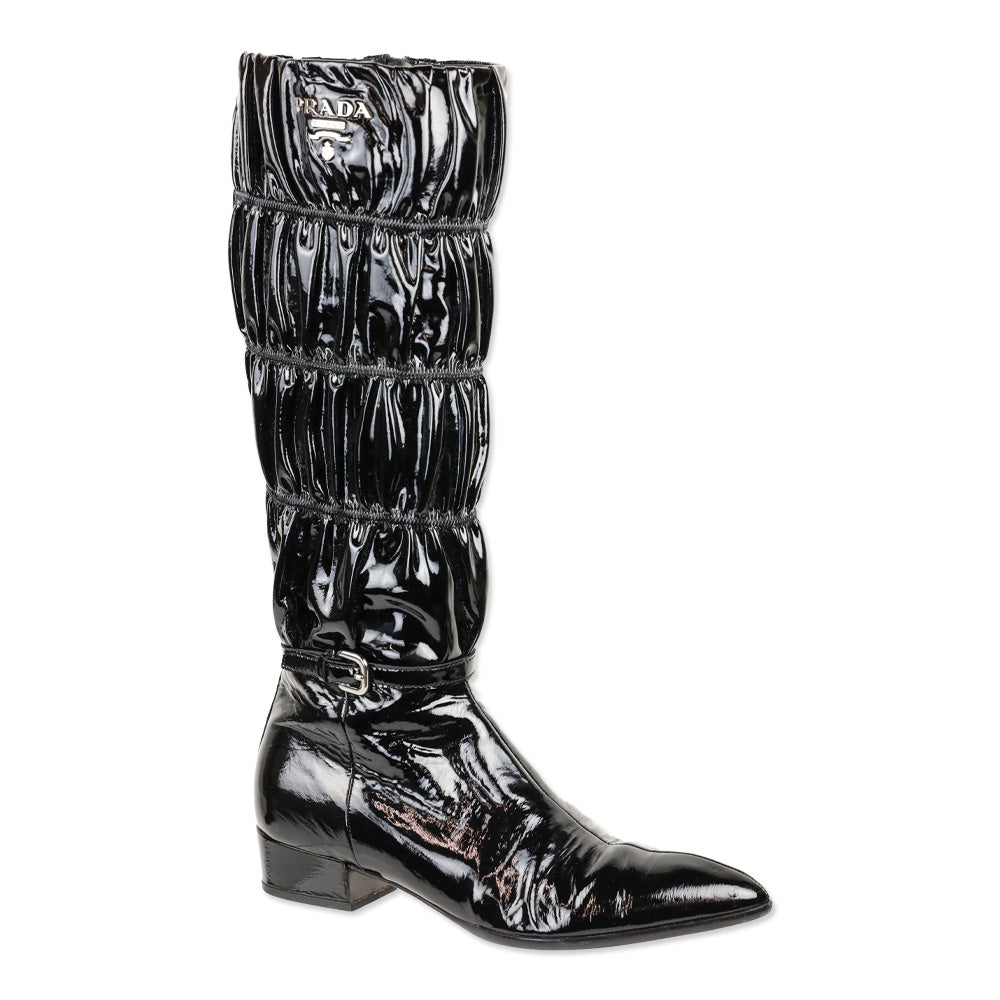 Prada Black Ruched Patent Leather Knee High Boots