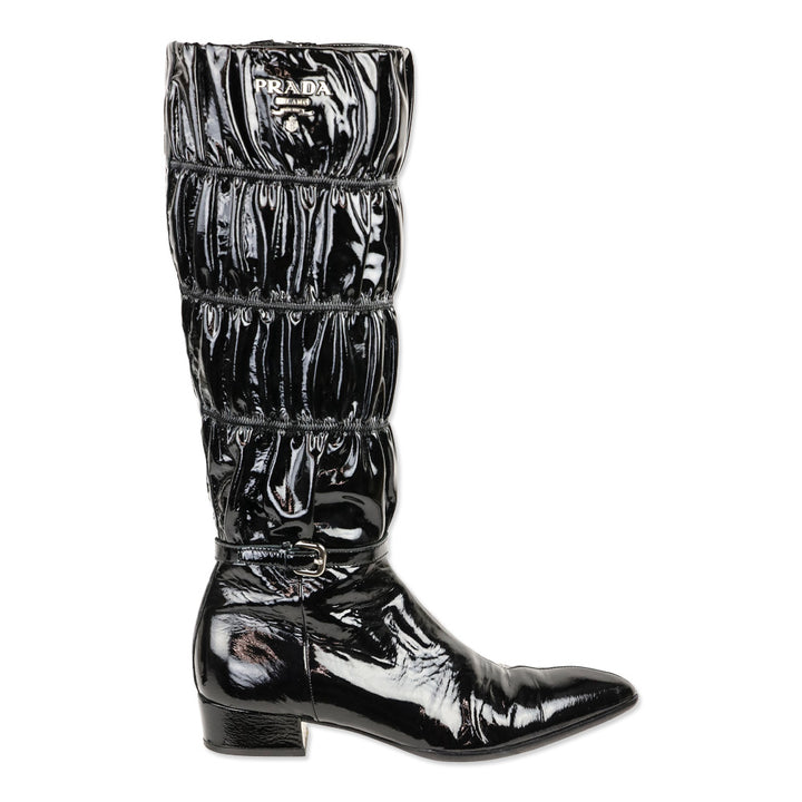 Prada Black Ruched Patent Leather Knee High Boots