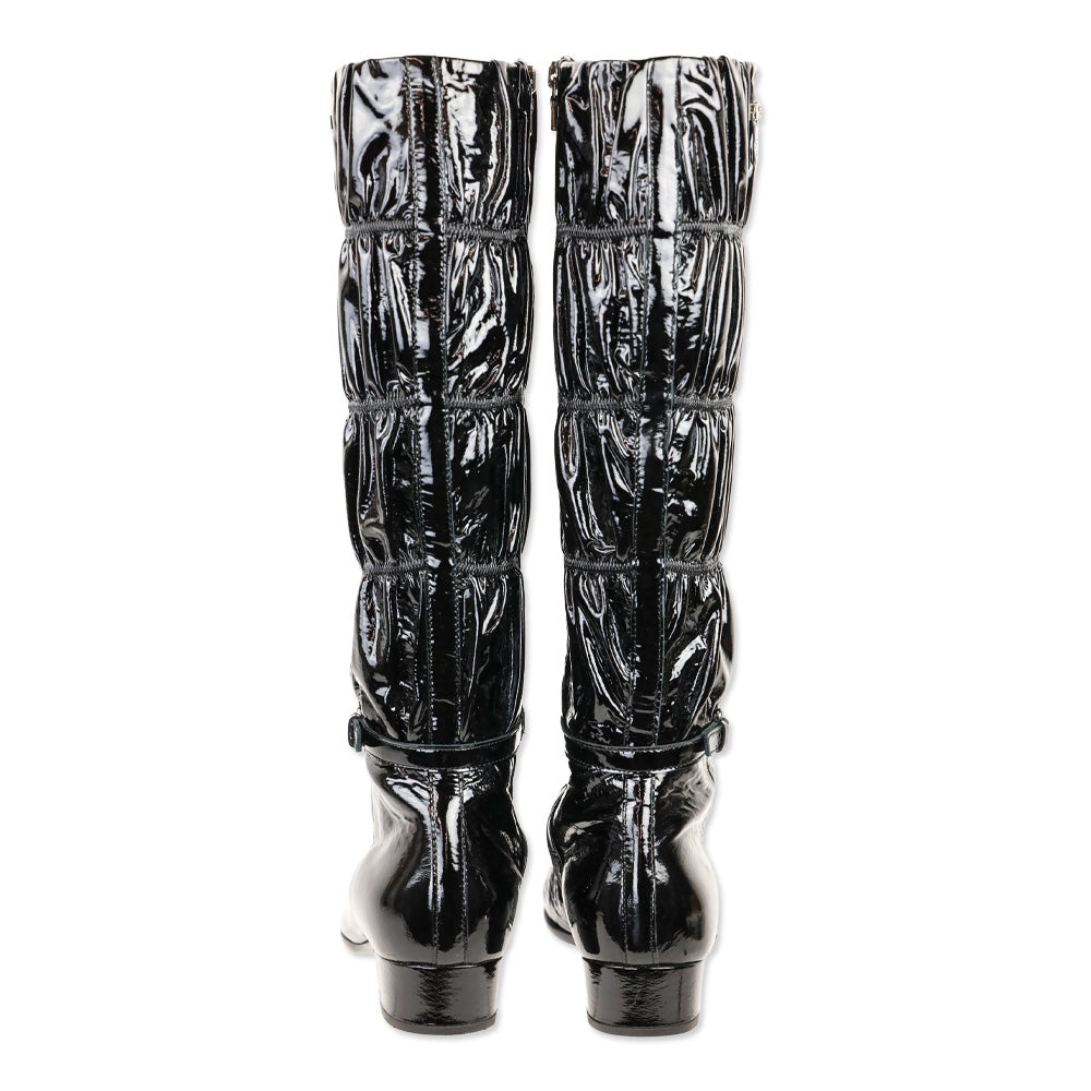 Prada Black Ruched Patent Leather Knee High Boots