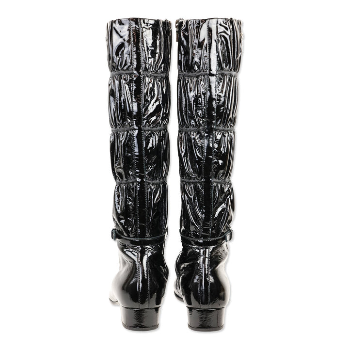 Prada Black Ruched Patent Leather Knee High Boots