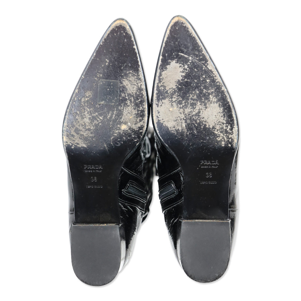 Prada Black Ruched Patent Leather Knee High Boots