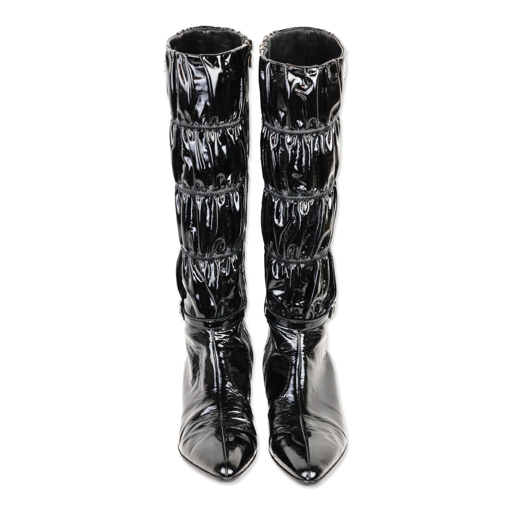 Prada Black Ruched Patent Leather Knee High Boots