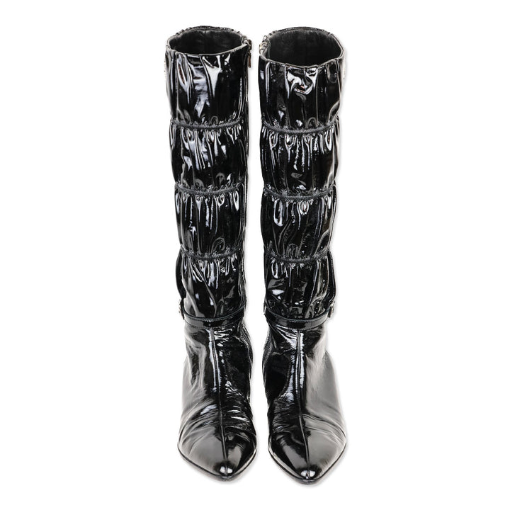 Prada Black Ruched Patent Leather Knee High Boots