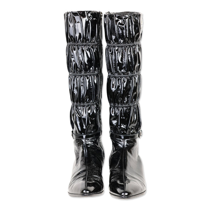 Prada Black Ruched Patent Leather Knee High Boots