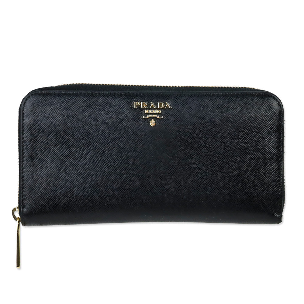 Prada Black Saffiano Leather Large Continental Zip Around Wallet