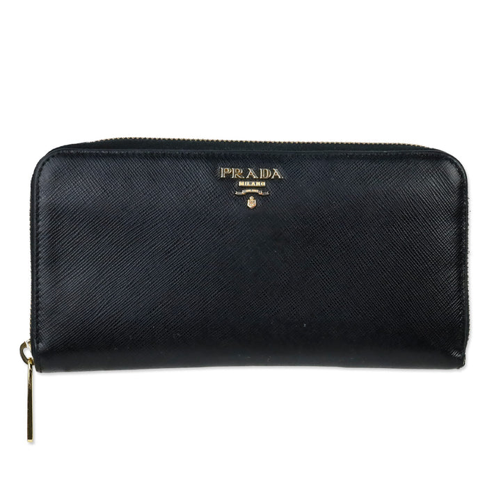 Prada Black Saffiano Leather Large Continental Zip Around Wallet