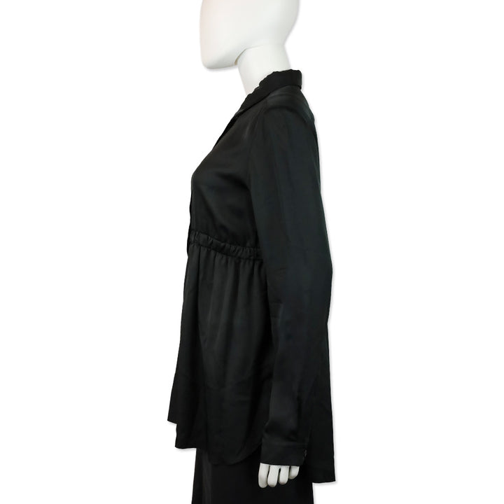 Prada Black Silk Elastic Waist Button Up Blouse