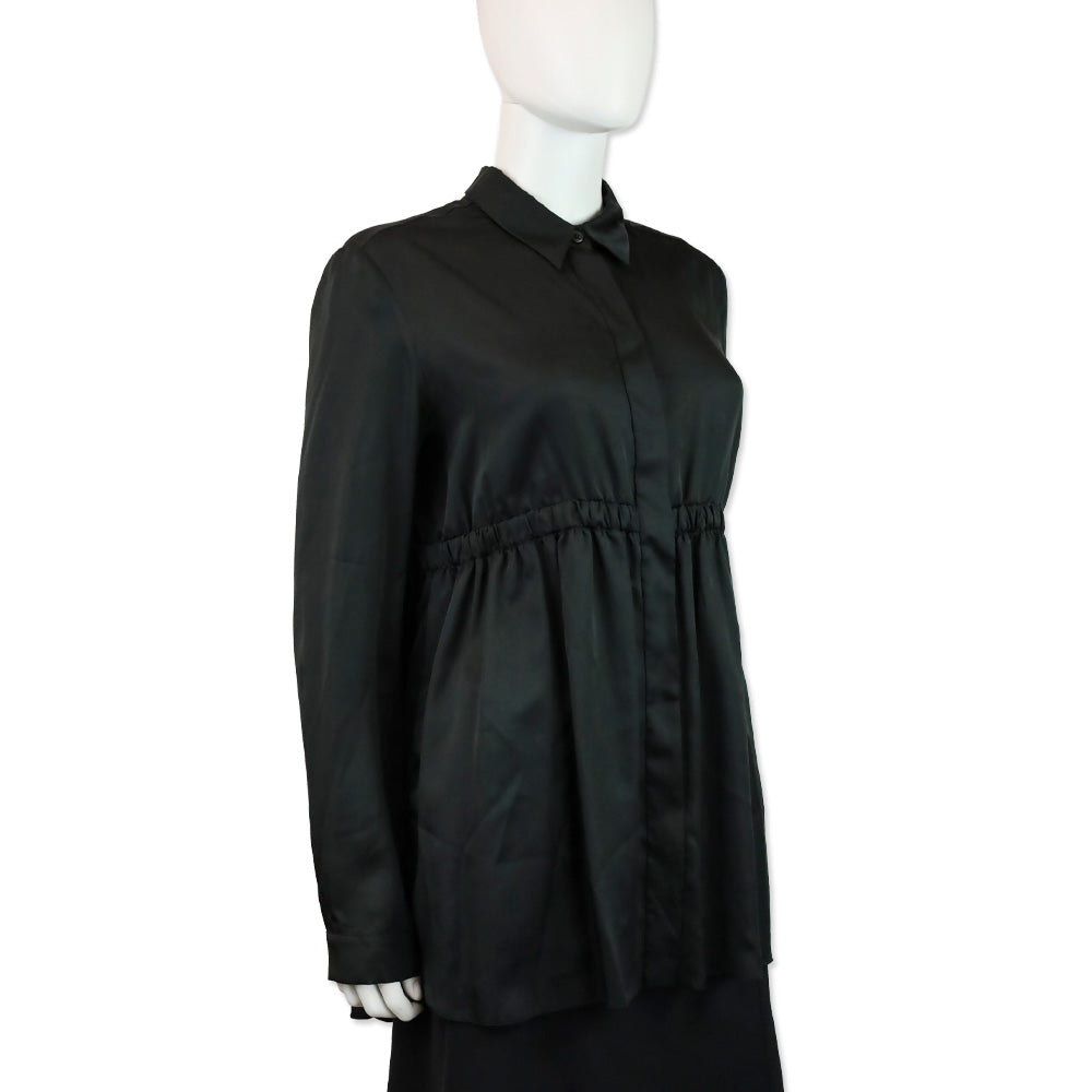 Prada Black Silk Elastic Waist Button Up Blouse