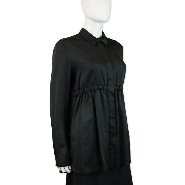 Prada Black Silk Elastic Waist Button Up Blouse