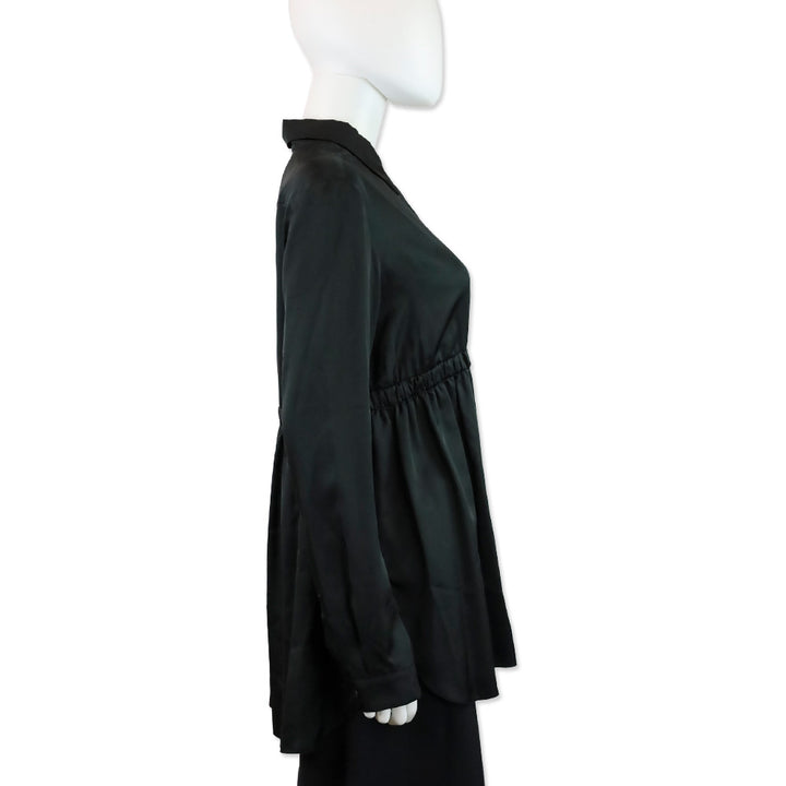 Prada Black Silk Elastic Waist Button Up Blouse