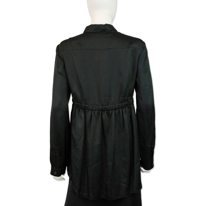Prada Black Silk Elastic Waist Button Up Blouse
