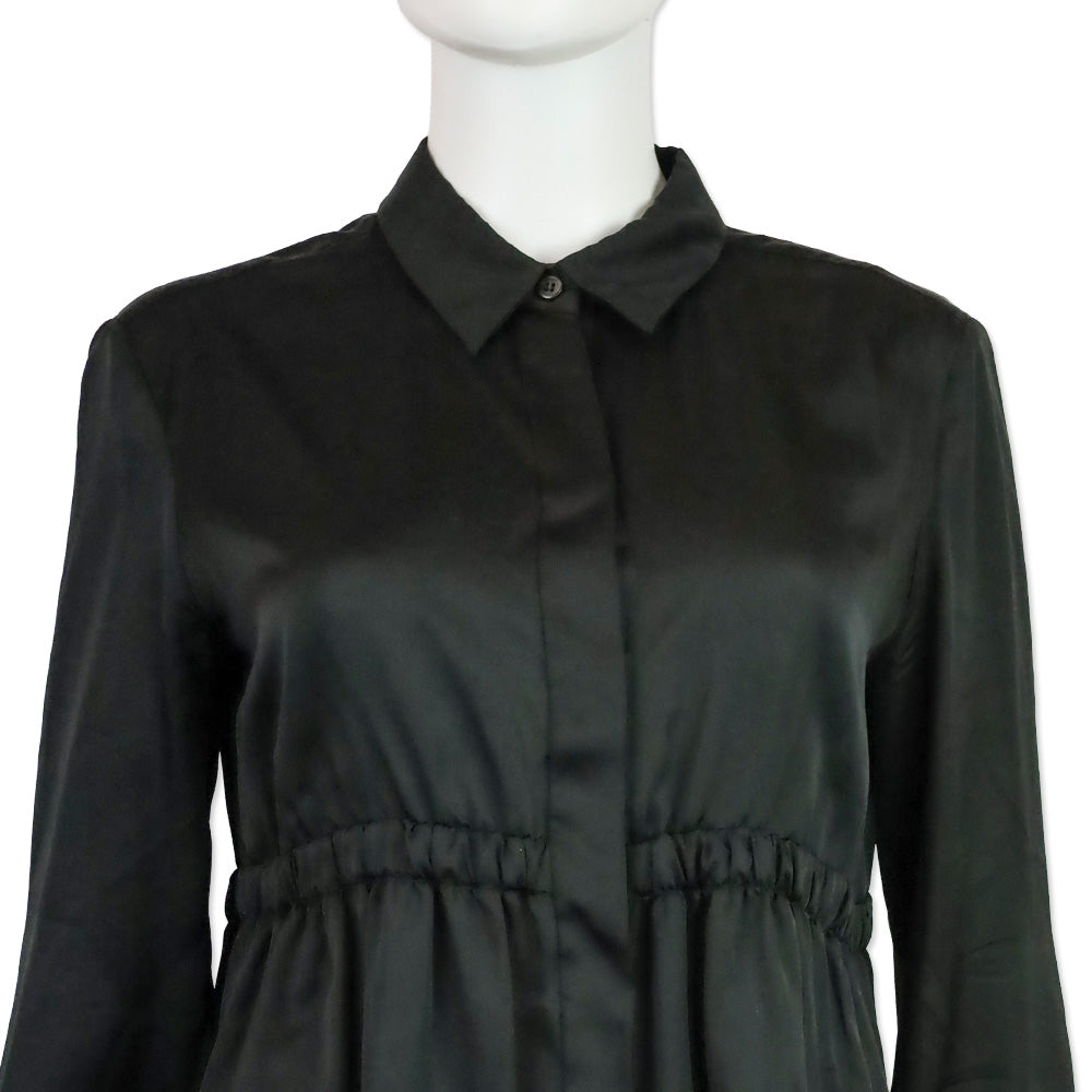 Prada Black Silk Elastic Waist Button Up Blouse