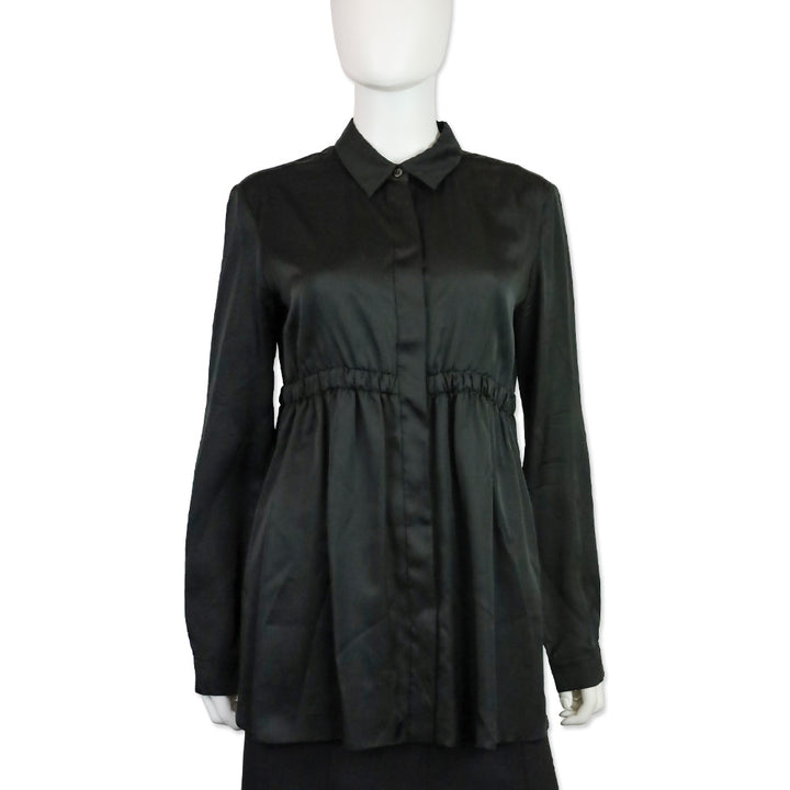 Prada Black Silk Elastic Waist Button Up Blouse