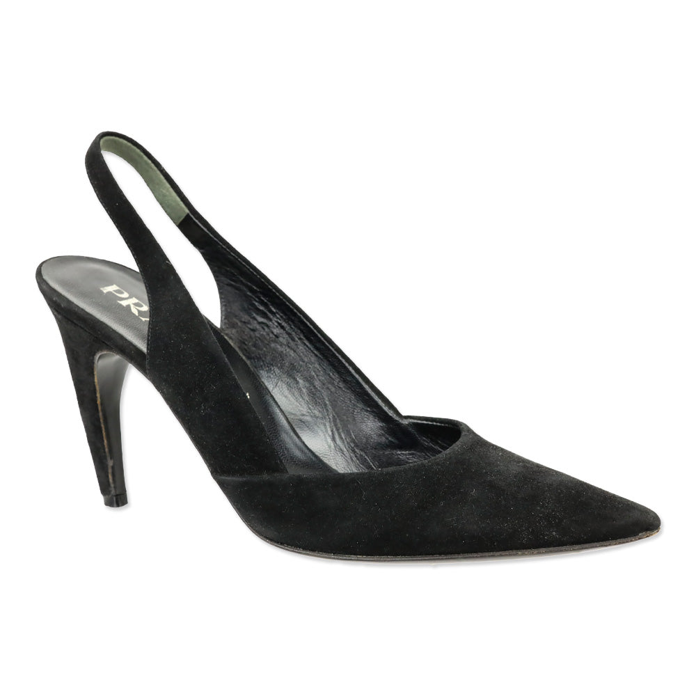 Prada Black Suede Pointed Toe Slingback Pumps