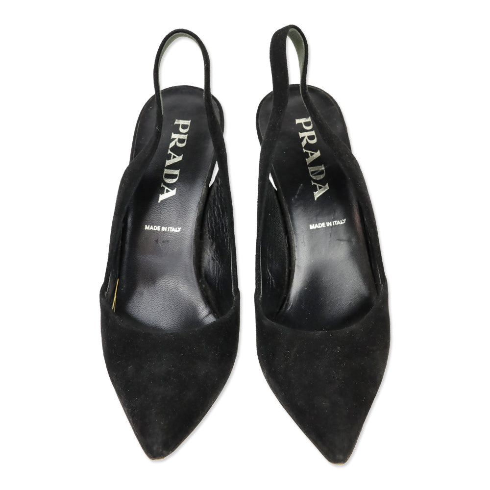 Prada Black Suede Pointed Toe Slingback Pumps