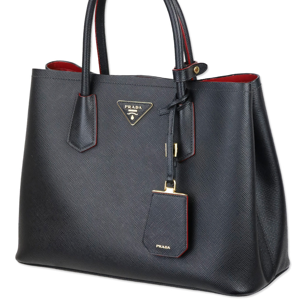 Prada Black/Fiery Red Saffiano Leather Cuir Medium Double Bag
