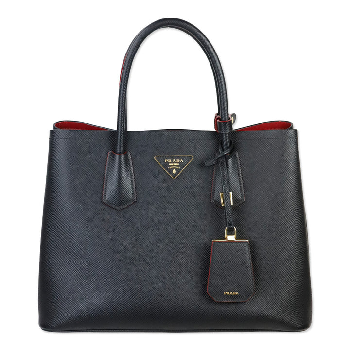 Prada Black/Fiery Red Saffiano Leather Cuir Medium Double Bag