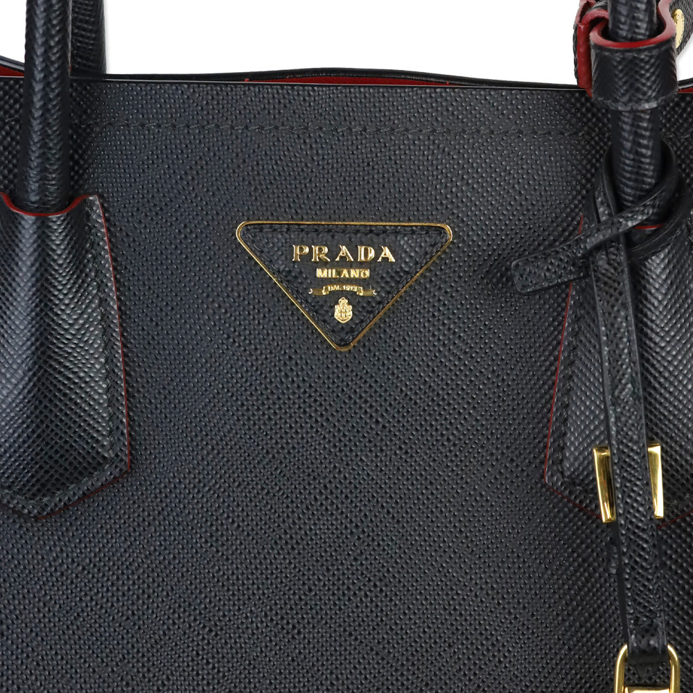 Prada Black/Fiery Red Saffiano Leather Cuir Medium Double Bag