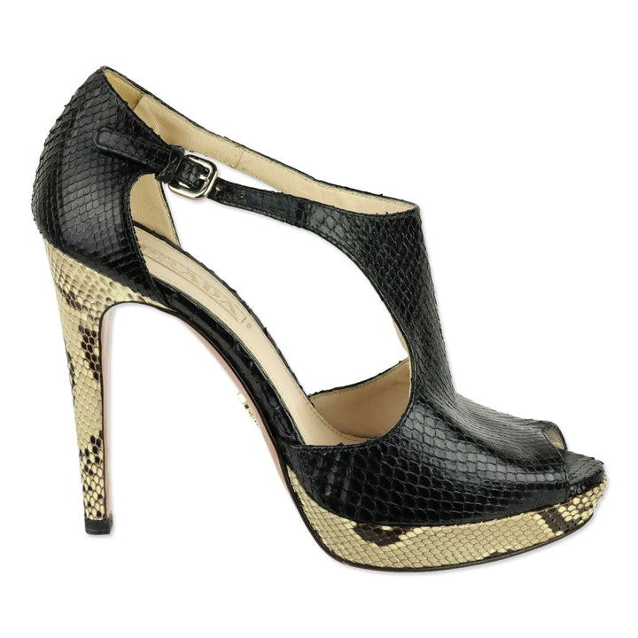 Prada Black/Natural Snakeskin Leather Platform Sandal