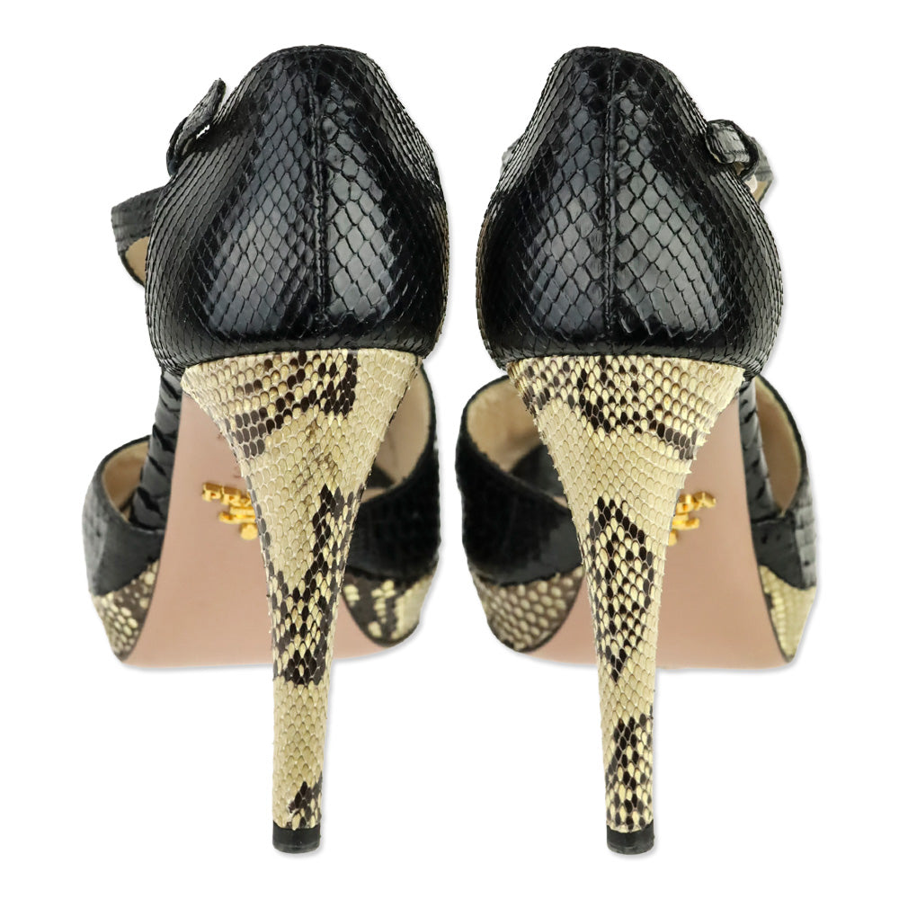 Prada Black/Natural Snakeskin Leather Platform Sandal
