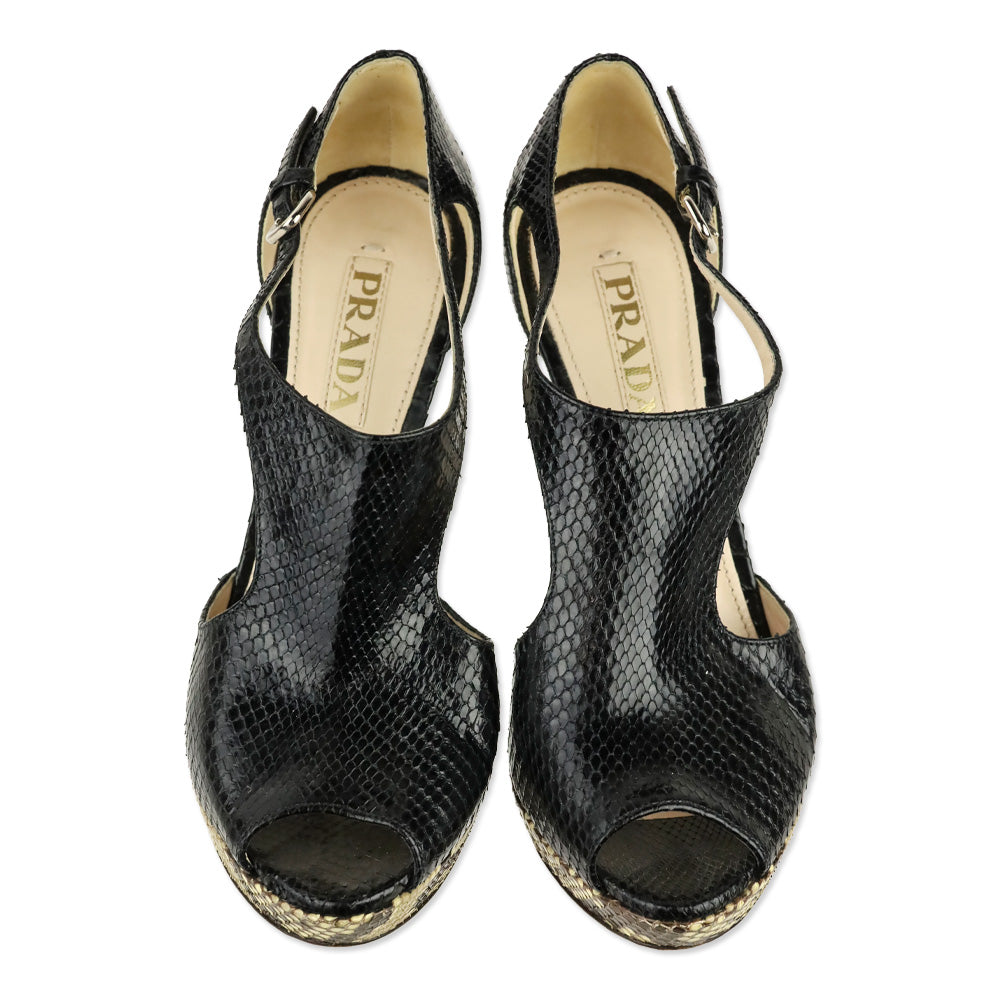 Prada Black/Natural Snakeskin Leather Platform Sandal