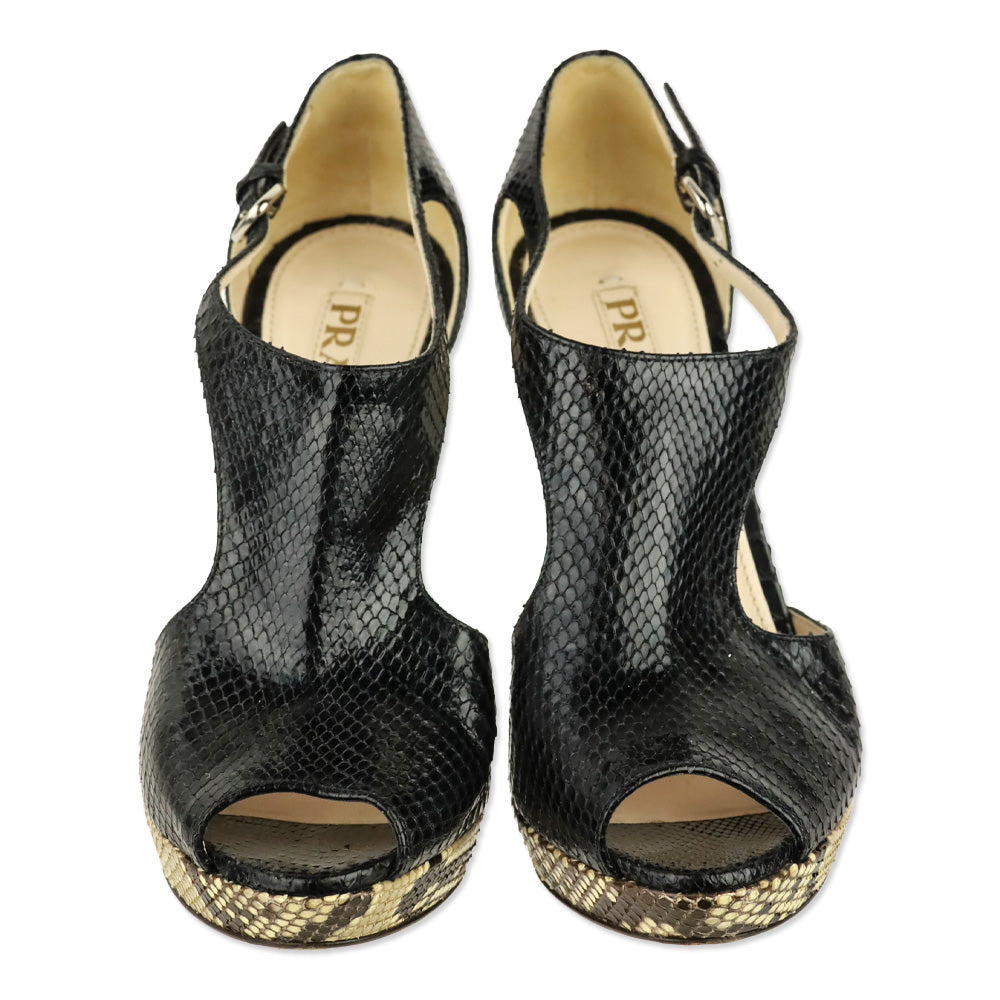 Prada Black/Natural Snakeskin Leather Platform Sandal