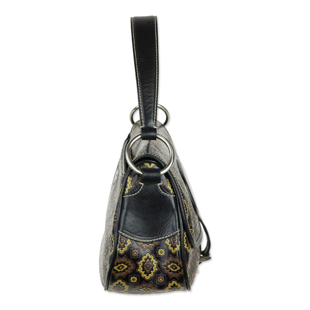 Prada Black/Olive Arabesque Printed Leather Shoulder Bag